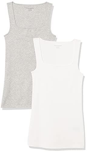 Amazon Essentials Canotta con Scollo Quadrato, vestibilità Aderente Donna, Pacco da 2, Bianco/Grigio Chiaro Puntinato, XS