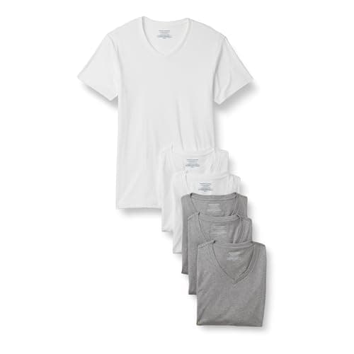 Amazon Essentials Maglietta Intima con Scollo A V, Traspirante, in Cotone Uomo, Pacco da 6, Bianco/Grigio Medio Puntinato, M