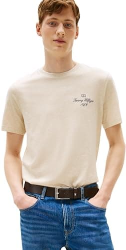 Tommy Hilfiger Camiseta de Manga Corta Hombre Outline Script tee Regular Fit, Beige (Heathered Oatmilk), XL