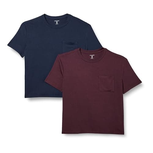 Amazon Essentials Camiseta con Bolsillo de Cuello a la Caja, Manga Corta, Ajuste Informal y de Punto Mujer, Pack de 2, Azul Marino/Burdeos, S