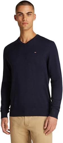 Tommy Hilfiger Jersey Hombre Essential Cotton con Cuello de Pico, Azul (Desert Sky), XS