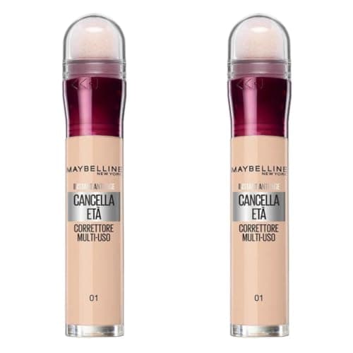 Maybelline New York Correttore Multi-Uso, Idratante e con Coprenza Modulabile, Imperfezioni e Occhiaie Coperte, Con Bacche di Goji e Haloxyl, Cancella Età, Tonalità: 01 Light, Bipacco