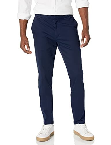 Amazon Essentials Pantalon chino extensible à coupe ajustée et infroissable, sans pinces Homme, Bleu Marine, 29W / 34L