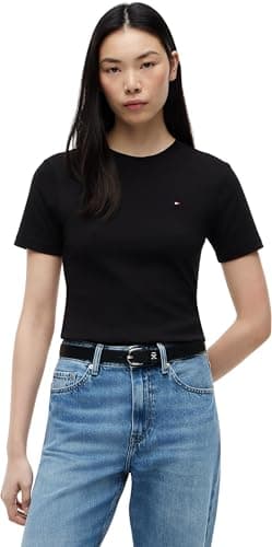 Tommy Hilfiger Damen T-Shirt Kurzarm New Slim Cody mit Rundhalsausschnitt, Schwarz (Black), XS
