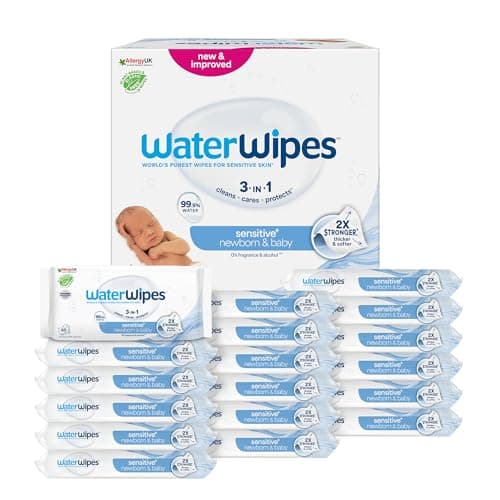 WaterWipes Sensitive+ Newborn & Baby Wipes, Lingettes Pour Nouveau-Nés et Bébés, 1080 unités (18 paquets), 3-en-1 nettoie, soigne, protège, 99,9% d'eau, non parfumées