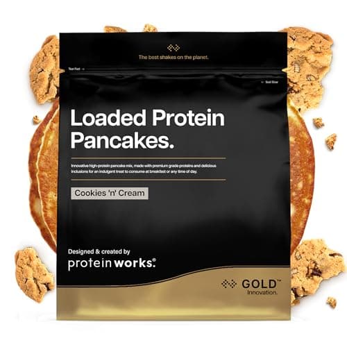 Protein Works | Loaded Protein Pancakes – GOLD Innovation, Préparation Pancakes Protéinés Premium, Petit-Déjeuner Riche en Protéines, Faible Sucre & Gras, Cookies Crème, 8 Portions, 500g