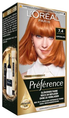 L'Oréal Paris Permanente Haarfarbe, Haarfärbeset mit Coloration und Farbglanz-Pflegebalsam, Préférence, 7.4 Kupferblond, 3er Set