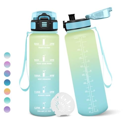 Gourde, 1000ML Sans BPA, Gourde sport, Avec Horodatage, Bouteille, Conception de Verrouillage Anti-Fuite, Bouteille Plastique pour bureau, En cours d'exécution, Escalader Des Montagnes - Ciel givré
