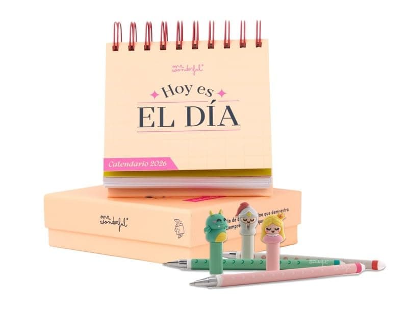 Lote de Mr Wonderful - Calendario 2026 de sobremesa con una página por día - Hoy es el día... + Mr. Wonderful - Set de 3 bolis borrables para escribir historias memorables