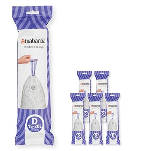Brabantia Sacs Poubelle PerfectFit Multipack (Code D - 10L / 15L), Ultra Résistant, Poignées Coulissantes, 6 rouleaux (120 Sacs)