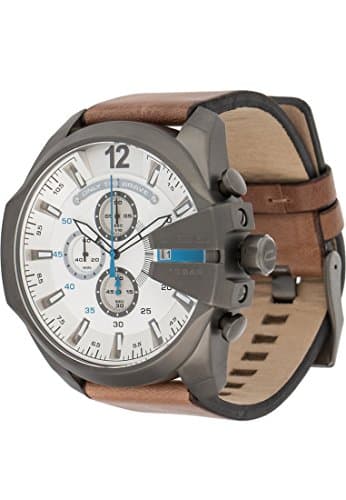 Diesel Mega Chief Series Reloj para hombre, Movimiento cronógrafo con correa de piel, Marrón y blanco, 51 mm