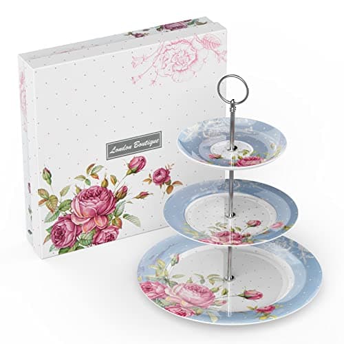 London Boutique Soporte para Tartas de 3 Niveles para té de la Tarde, Platos de Porcelana China, diseño Vintage para Fiesta de té, té en casa, Regalo para Ella (Azul)
