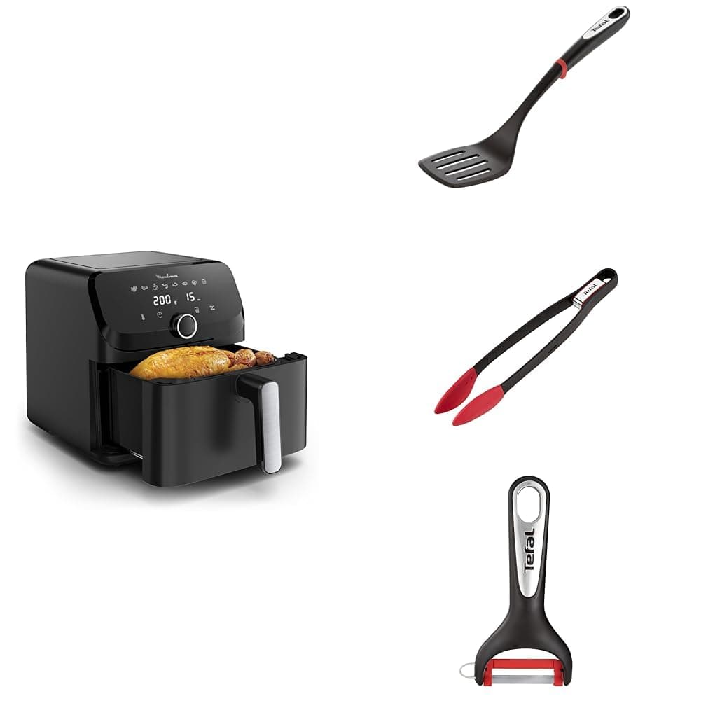 Moulinex Easy Fry Mega Air fryer compact, Mono tiroir 7.5 L, Jusqu’à 8 personnes, noir + 3 ustensiles Tefal - Epluche légumes K2071814 + pince à aliments K2060714 + spatule K20608