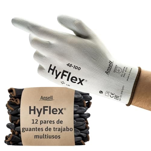 Ansell HyFlex 48-100 Guantes de Trabajo Finos, Alta Precisión Táctil, Forro Elástico con Revestimento de Poliuretano, Protección Multiusos, Bricolaje y Mecánica, Blanco, Talla M (12 Pares)