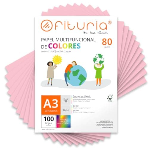 OFITURIA Folios de Colores A3 80gr, Pack 100 Hojas – Papel Rosa Claro para Manualidades, Impresora y Scrapbooking – Folios A3 Colores – Ideal Origami, Oficina y Escuela (Rosa Claro)