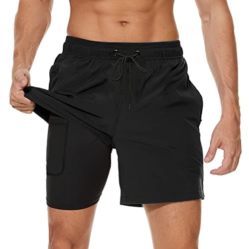 Arcweg Badehose für Herren mit Kompression Liner 2 in 1 Atmungsaktiv Badeshorts Männer Elastisch Trainingsshorts Verstellbar Tunnelzug mit Reißverschlusstaschen Schwarz L (EU)
