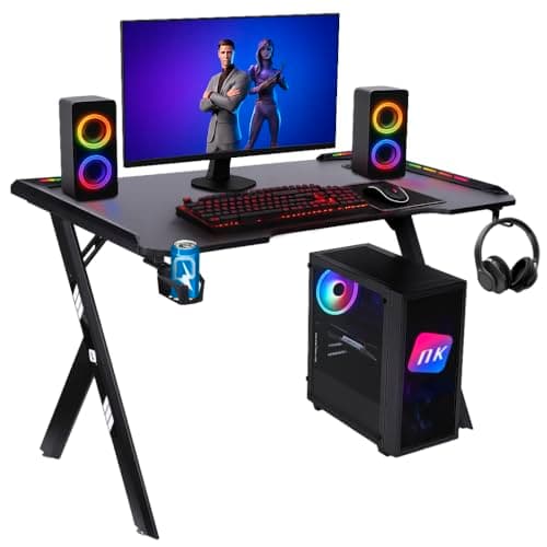 NK Mesa Escritorio Gaming con LED (120X60cm) - Portavasos y Botellas, Soporte para Auriculares/Cascos, Gestión de Cables, Gaming Desk, Tabla 1.5cm (Resistencia) Peso Máximo Soportado 100kg