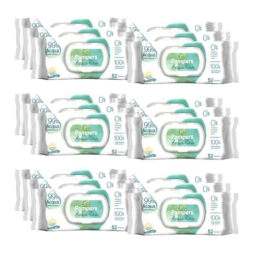 Pampers Acqua Pura Salviette neonato, 624 unità (12 confezioni) - 99% Acqua, 100% Cotone, 0% plastica, alcol e parabeni - Salviettine ideali pelli delicate, umidificate senza profumi aggiunti