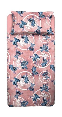Stitch, Lenzuolo Letto Piazza E Mezza, Completo Letto, Lenzuolo Sopra, Lenzuolo Con Angoli, Federa, Rosa, Disney, 100% Cotone, Prodotto Ufficiale
