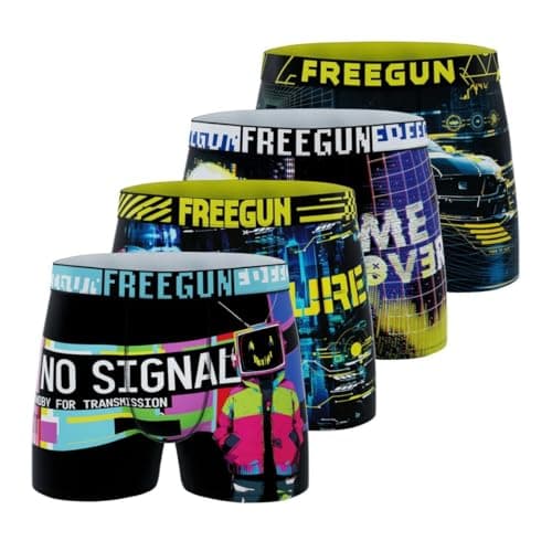 FREEGUN Boxer Homme, Caleçon Homme Glitch Pop, Doux & Respirant (Lot de 4), Bleu Taille S