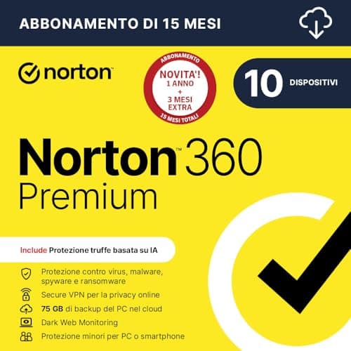 Norton 360 Premium 2026|Antivirus 10 dispositivi|15 mesi|Digital Download