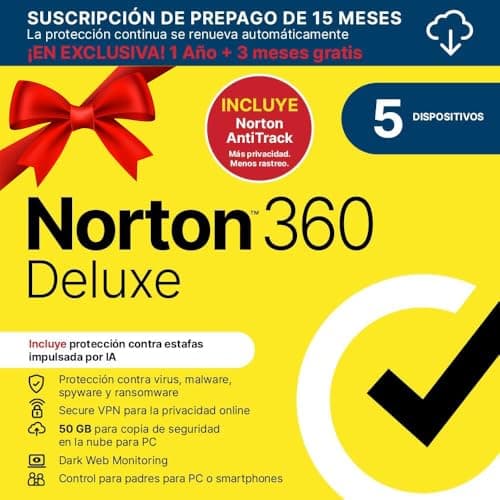 Norton 360 Deluxe+Norton AntiTrack 2025|Antivírus 5 Dispositivos| 15 meses com renovação automática| Descarga digital