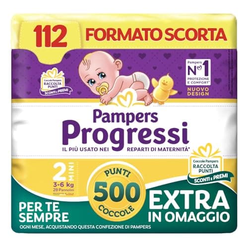 Pampers Progressi Mini, Taglia 2 (3-6 kg), Formato Scorta, Indicatore di Bagnato, Pelli Delicate, Linguette Rinforzate, Anti-Fuoriuscite, 112 Pannolini Neonato + 500 Punti Omaggio