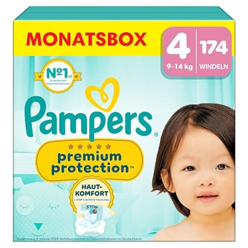 Pampers Premium Protection Größe 4, 174 Windeln, 9kg-14kg, Doppelter Schutz für die Haut und vor Auslaufen