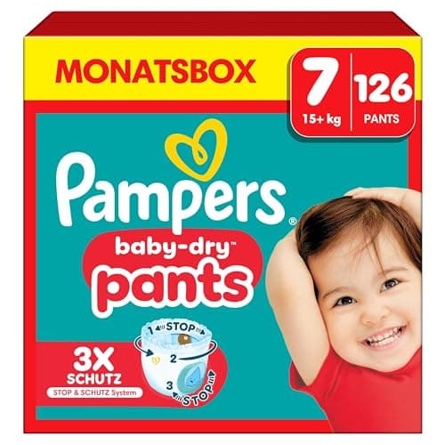 Pampers Baby-Dry Pants Größe 7, 126 Windeln, 15kg+, 360grad Passform hilft, Auslaufen zu verhindern