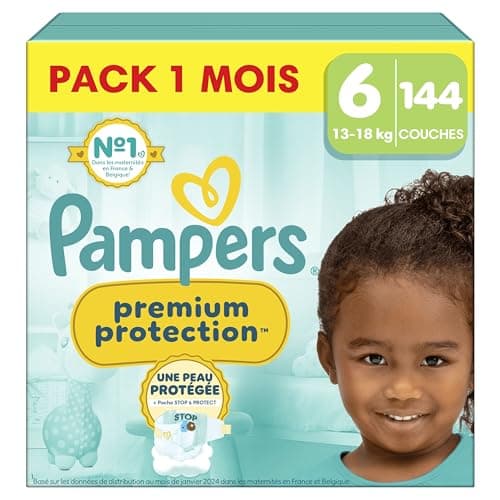 Pampers Premium Protection, Taille 6, 144 Couches, 13-18kg, Double Protection pour la peau et contre les fuites Avec Poche Stop & Protect pour aider à capturer les Fuites, Pack 1 Mois
