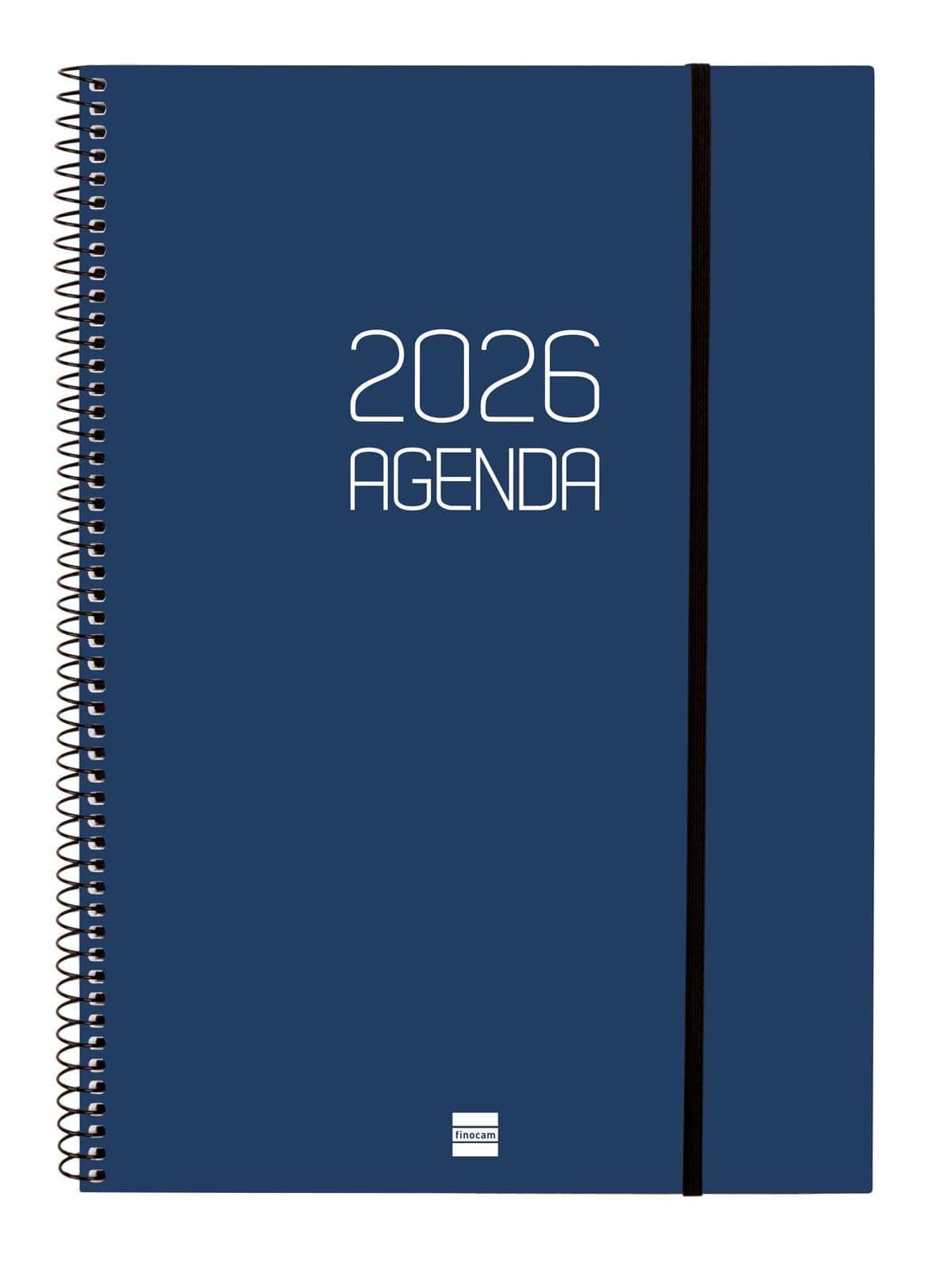Finocam - Agenda Espiral 2026 Semana Vista Horizontal | Enero - Diciembre (12 meses) | Agenda A4 Anual 2026 con goma | Tapa de polipropileno Espiral Basics Opaque - Azul - Catalán
