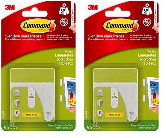 Command Languettes Accroches Tableaux Petit Modèle, Multi-Pack, Blanc - 12 x 2 Languettes - Fixation sans Dommage (Lot de 2)