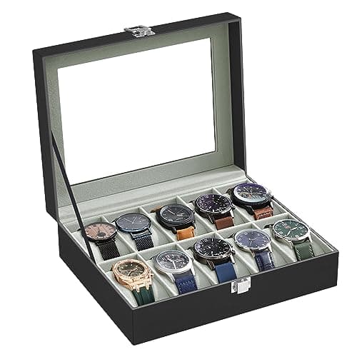 SONGMICS Porta Orologi a 10 Posti, Scatola Portaorologi, Coperchio in Vetro, Cuscini Rimovibili, Chiusura in Metallo, Idea Regalo, Superficie in PU Nera, Interno Grigio JWB010BK