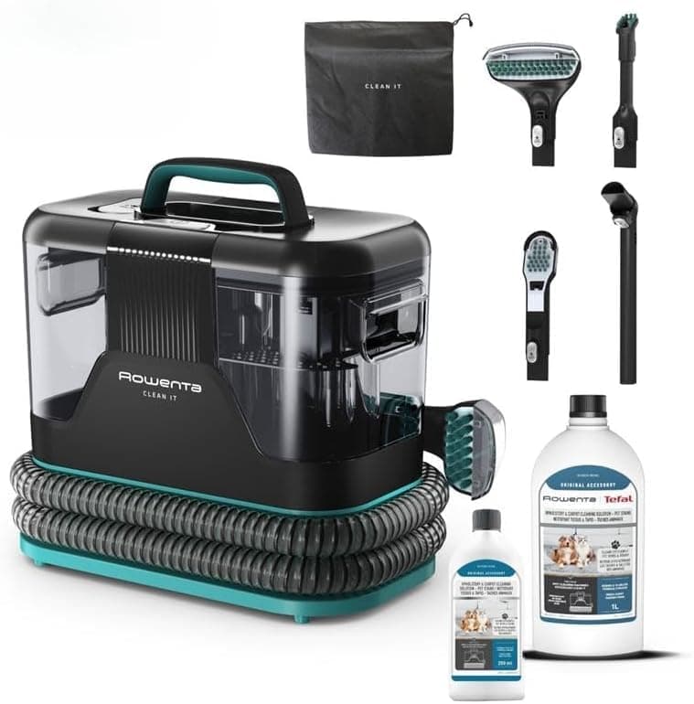 Rowenta Clean It + 2 botellas de solución de limpieza para mascotas (250 ml + 1L), Pack exclusivo, Limpieza rápida de derrames y manchas, Hasta 13,5 kPa, 750 W, Incluye sistema de autolimpieza