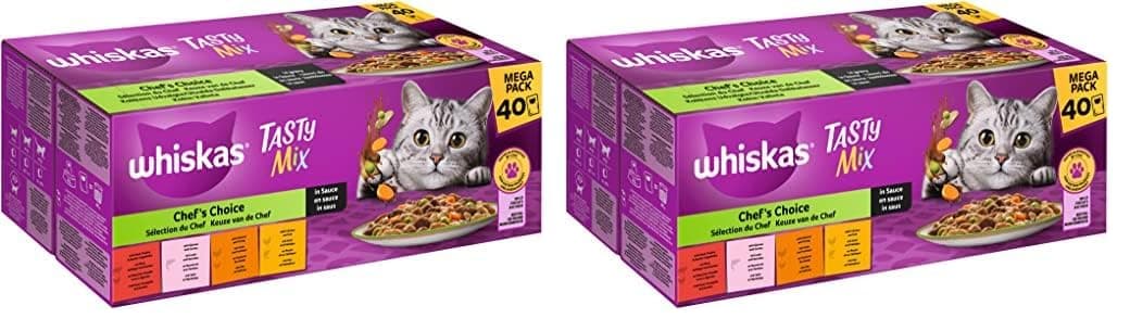 WHISKAS 1+ Katzenfutter nass - ab 1 Jahr - 40x85g Portionsbeutel - Katzennassfutter in Sauce – Hochwertiges Nassfutter für Katzen - Großpackung (Packung mit 2)
