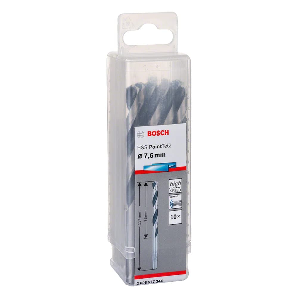 Bosch Accessories 2608577244 HSS PointTeQ (7,6 x 75 x 117 mm) - Set da 10 Pezzi di Punte Elicoidali per Trapano per Metallo, Acciaio, Fusione o Plastica, Grigio (Argento), Ø 7.6 mm