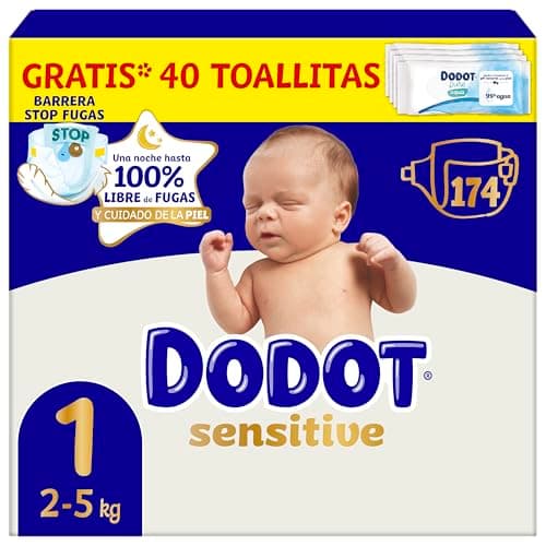Dodot Pañales Bebé Sensitive Talla 1 (2-5 kg), 174 Pañales + 1 Pack de 40 Toallitas Gratis de Aqua Plastic Free, Nº1 en Protección de la Piel de Dodot, Pack Mensual