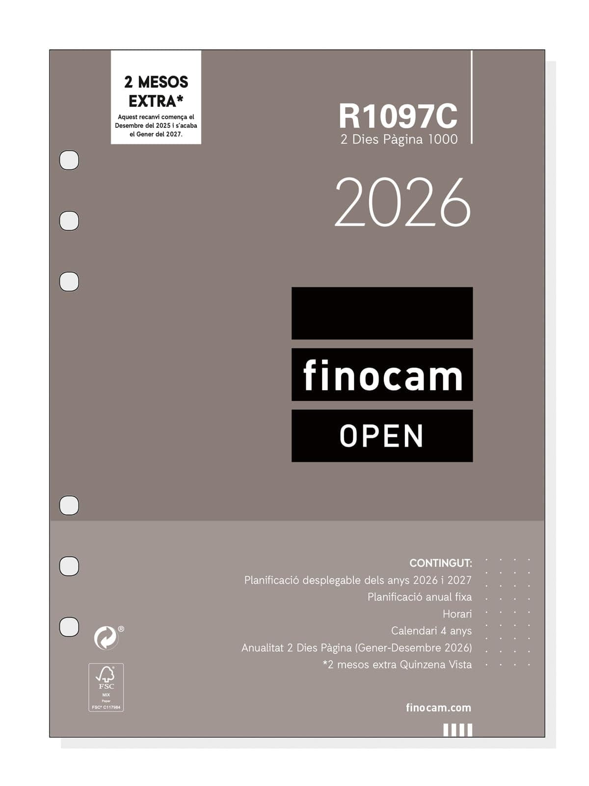 Finocam - Recambio agenda Open 2026 2 Días Página | Enero - Diciembre (12 meses) | Recambio anual agenda R1097C 6 taladros - Catalán