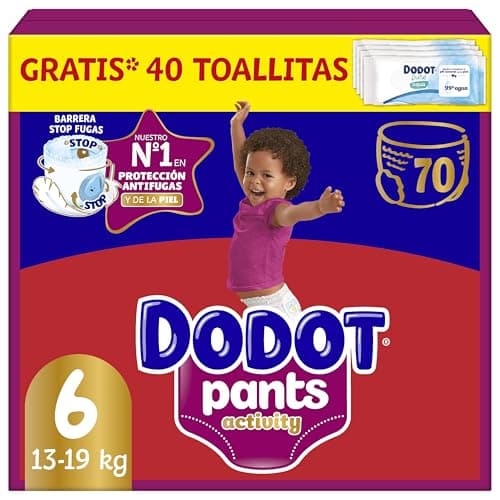Dodot Pañal-Braguita Activity Pants, Talla 6 (14-19 kg), 70 Pañales + Regalo de 1 Pack de 40 Toallitas Con Ajuste 360 anti-fugas extra suave