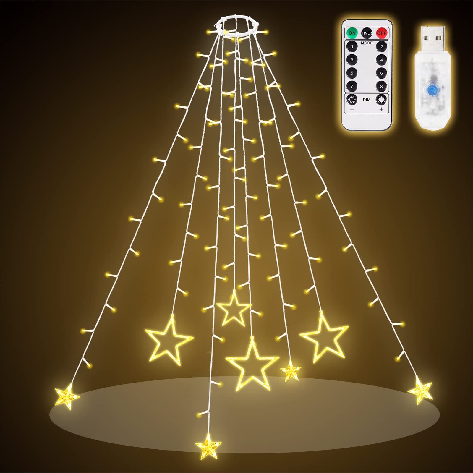 SALCAR 2m Christbaumbeleuchtung mit Ring, Sterne Lichterkette Weihnachtsbaum mit Fernbedienung und 9 Modi, LED Tannenbaum Überwurflichterkette, Warmweiß