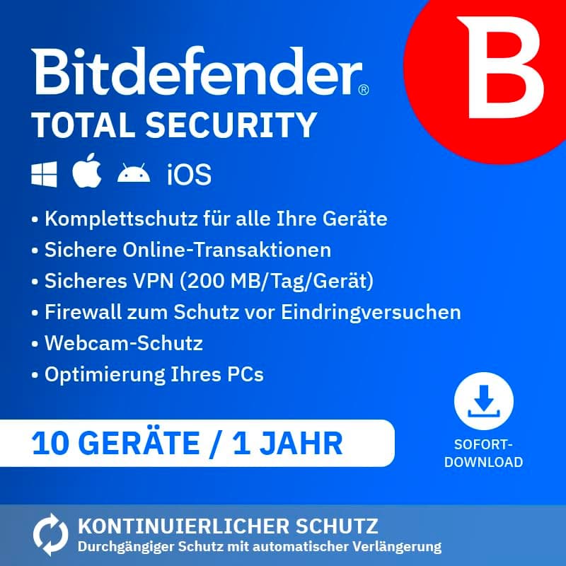 Bitdefender Total Security 2025 | 10 Geräte | 1 Jahr | PC/Mac/iOS/Android | Code zur Aktivierung per E-Mail | Automatische Verlängerung