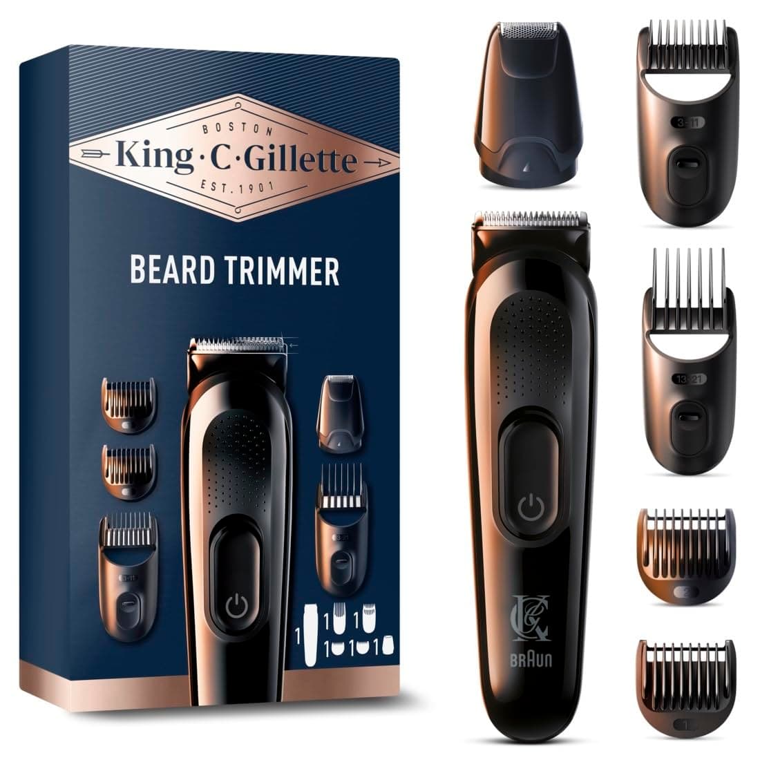 Gillette King C Tondeuse Electrique Pour Hommes, Sans Fil Avec Lames Affûtées Inusables, Tête Lavable, Coffret Avec 4 Sabots Différents Pour Rasage De La Barbe De 3 Jours, Courte, Moyenne Et Longue