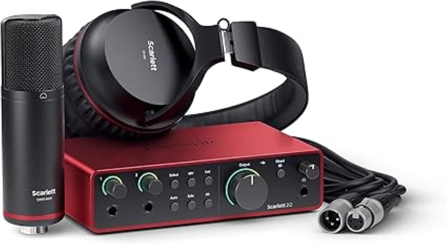 Focusrite Scarlett 2i2 Studio 4. Gen USB-Audio-Interface-Bundle für Songwriter – mit Kondensatormikrofon und Kopfhörer für Aufnahmen, Streaming und Podcasting