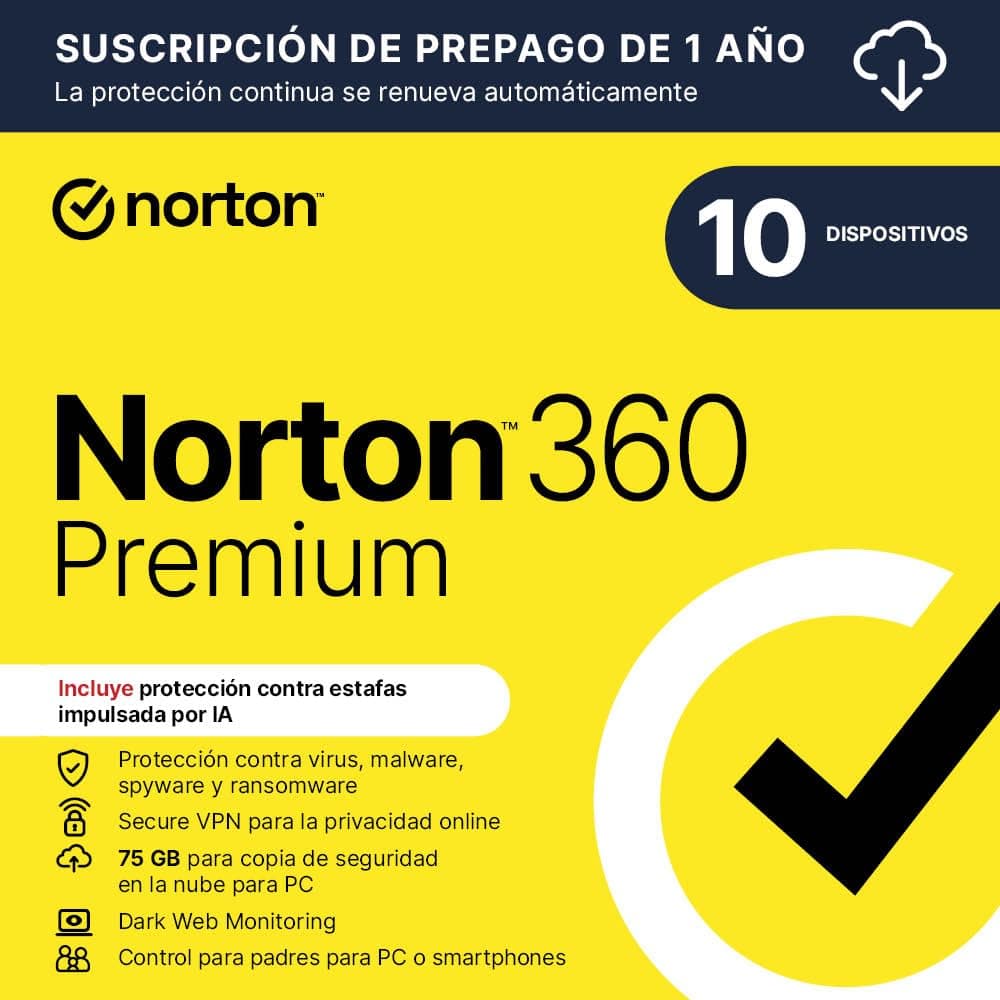 Norton 360 Premium 2025| Antivírus 10 Dispositivos|1 año con renovación automática| Descarga digital