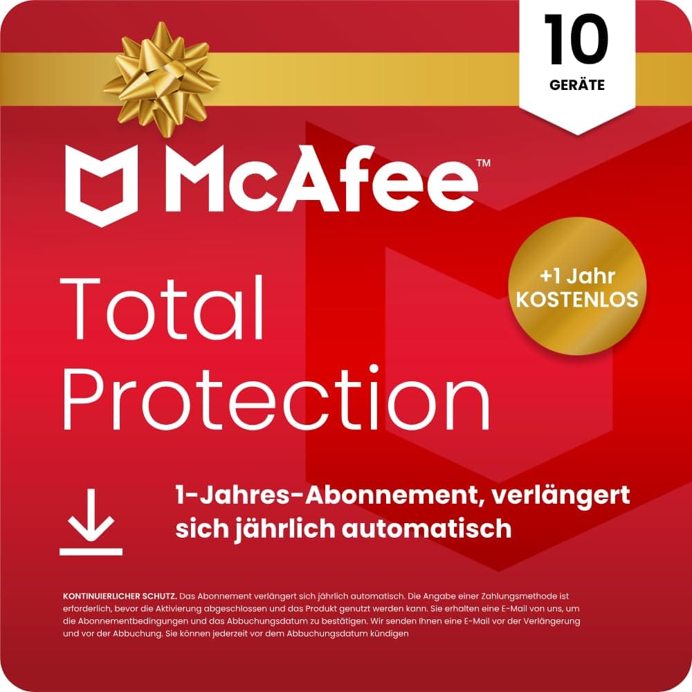 McAfee Total Protection für 10 Geräte bis 2026 | Exklusiv bei Amazon | Antivirus, VPN | 1-Jahres-Abo mit automatischer Verlängerung + 1 Jahr zusätzlicher Schutz GRATIS | Digitaler Download
