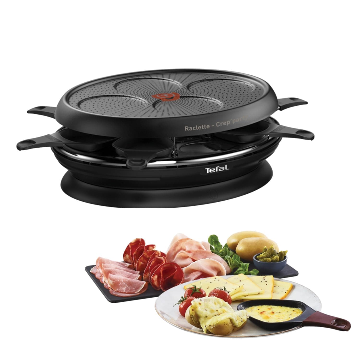Tefal Appareil à raclette avec plaque crêp'party, 1050 W, Revêtement antiadhésif Powerglide, Indicateur Thermo-Spot, Rangements intégrés, Bouton marche/arrêt, Store'inn noir RE320812