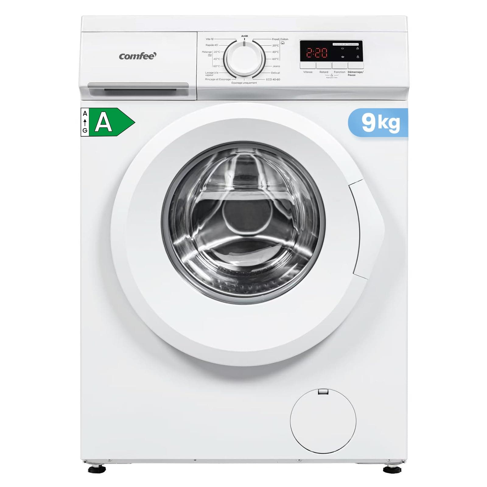 COMFEE' CFE12EW90-W Lave-linge frontal 9KG, Classe énergétique A, Moteur BLDC 1400 tr-min, 15 Programmes, Prélavage, Blanc [Classe énergétique A]