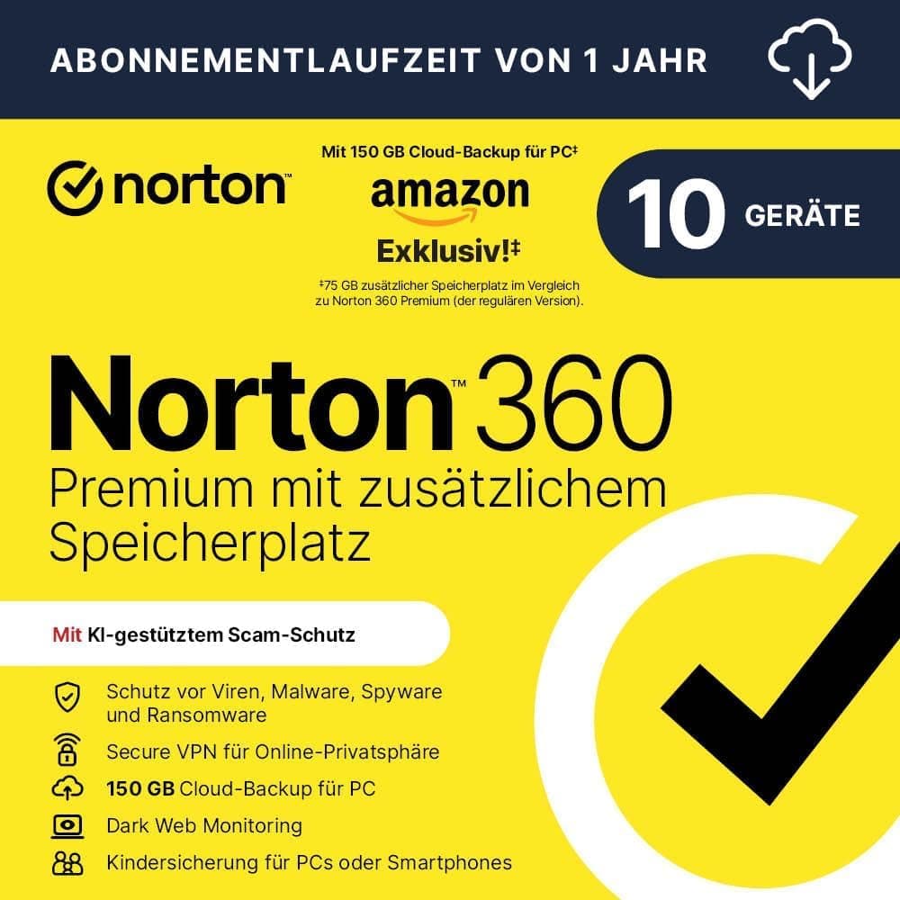 Norton 360 Premium mit extragroßer Backup-Kapazität – Amazon Exklusiv* 75GB zusätzlicher Cloud-Backup Speicher. Antivirus Software für 10 Geräte und einem Jahr Laufzeit