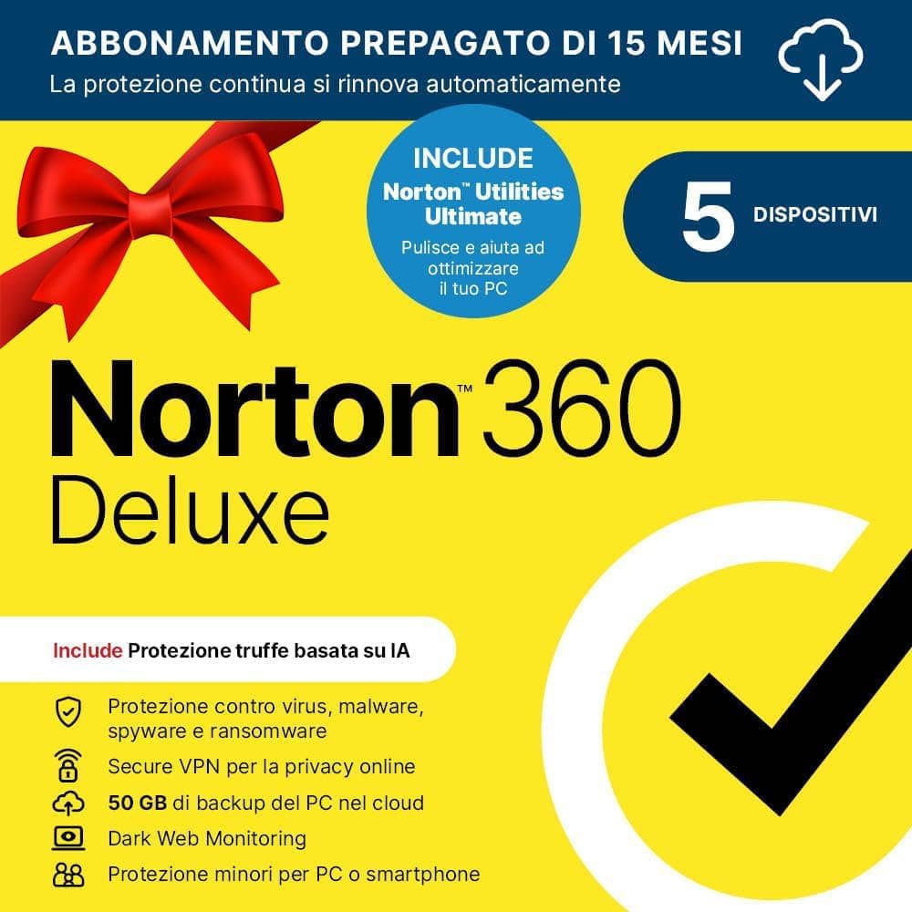 Norton 360 Deluxe 2026 + Utilities Ultimate | Antivirus 5 dispositivi | 50 GB backup | 15 mesi rinnovo automatico | 1 Utente | Codice d'attivazione via email”