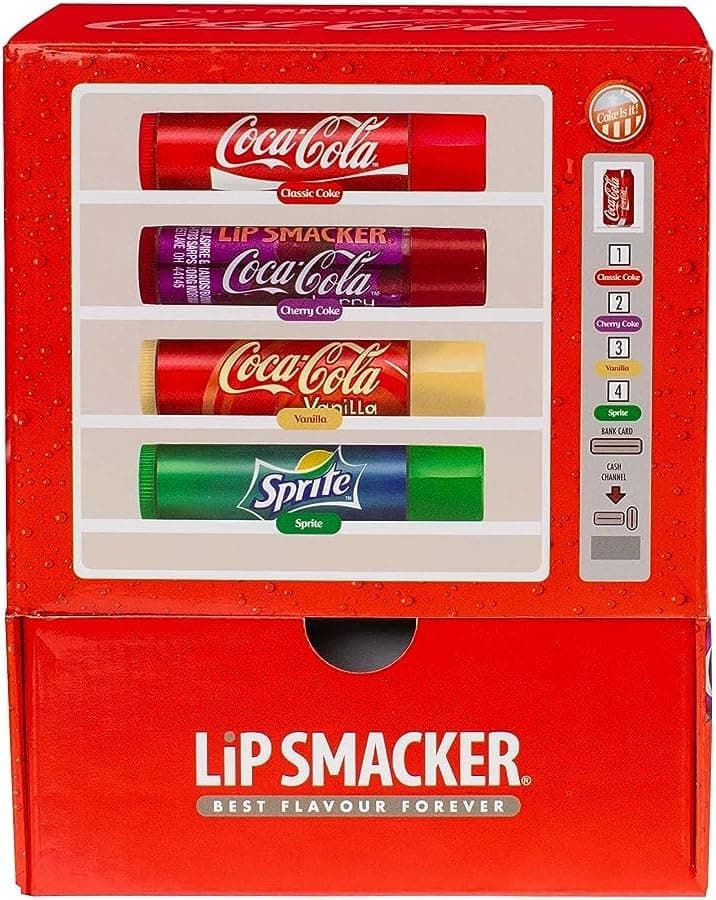 Lip Smacker, Coca-Cola Lippenbalsam-Sortiment, duftender Lippenbalsam im Spender, Geschenkset für Mädchen und Frauen, 4 Geschmacksrichtungen, Coca-Cola, Kirsche, Vanille, Sprite